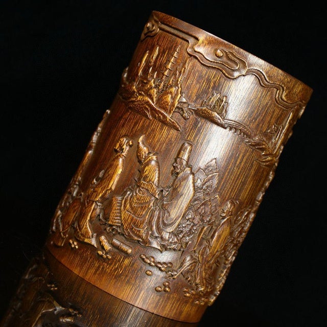 Mid 20th Century Vintage Chinese Deep Relief Bamboo Carved "Scholars" Brush Pot - 475g For Sale - Image 5 of 9