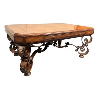 Vintage Spanish Revival Style Faux Leather Top Coffee Table With Pull-Out Drink Tray For Sale