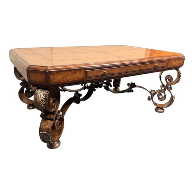 Vintage Spanish Revival Style Faux Leather Top Coffee Table With Pull-Out Drink Tray For Sale