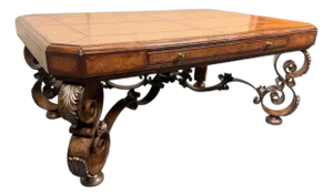 Vintage Spanish Revival Style Faux Leather Top Coffee Table With Pull-Out Drink Tray