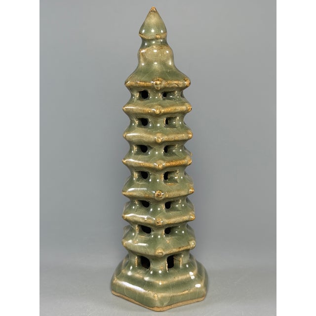 This is an antique Chinese Longquan celadon pagoda sculpture, beautifully crafted with multi-tiered eaves and hexagonal...