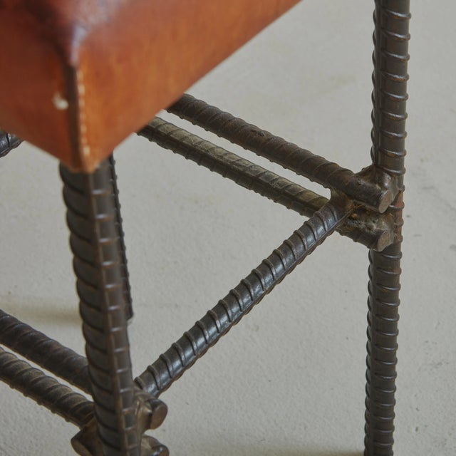Mid-Century Modern Brutalist Forged Iron + Cognac Leather Stool, France 1960s For Sale - Image 3 of 11