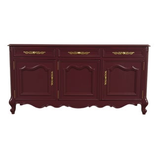 Baker Funiture Style French Provincial Louis XV Burgundy Lacquered Sideboard Credenza, Newly Refinished For Sale
