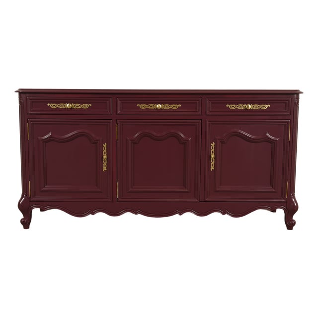 Baker Funiture Style French Provincial Louis XV Burgundy Lacquered Sideboard Credenza, Newly Refinished For Sale