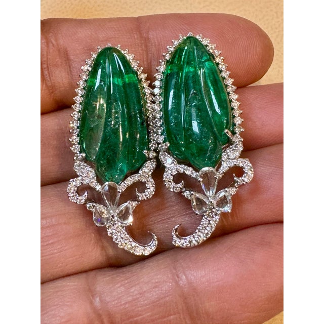 2020s 22 Ct Carved Emerald & 2 Ct Diamond Earrings 18 Karat White Gold Post Earrings For Sale - Image 5 of 8