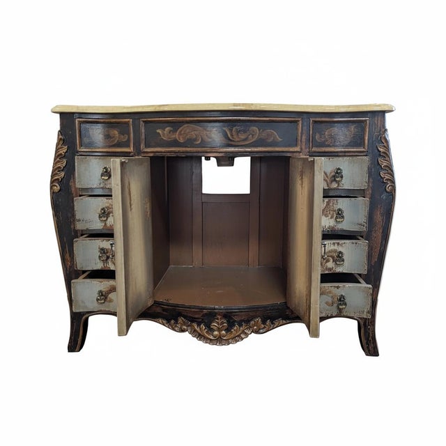 Far Pavilions French Style Hand Painted Bathroom Vanity With Marble Top and Sink For Sale - Image 4 of 9