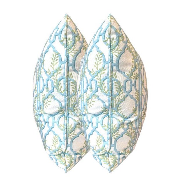 Chippendale Pair of 24'' Lilian August Blue&Green Trelis Pillows For Sale - Image 3 of 5