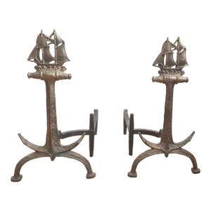 Bradley and Hubbard Ship With Anchor Cast Iron Fireplace Andirons