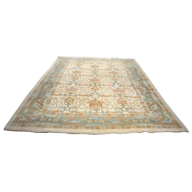21st Century Turkish Donegal Wool 10x13 Ivory, Blue & Orange Handmade Area Rug #1140172 For Sale - Image 4 of 7