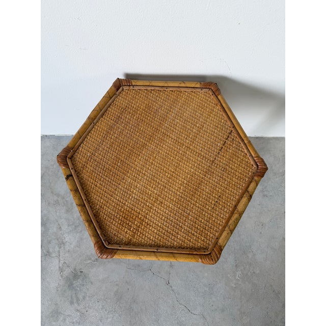 Boho Chic Vintage Bamboo & Rattan Hexagon Side Table For Sale - Image 3 of 13