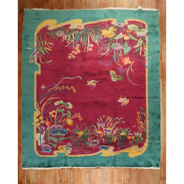 Zabihi Collection Burgundy Emerald Green Antique Chinese Art Deco Carpet - 9'10" x 13'5" For Sale - Image 9 of 10