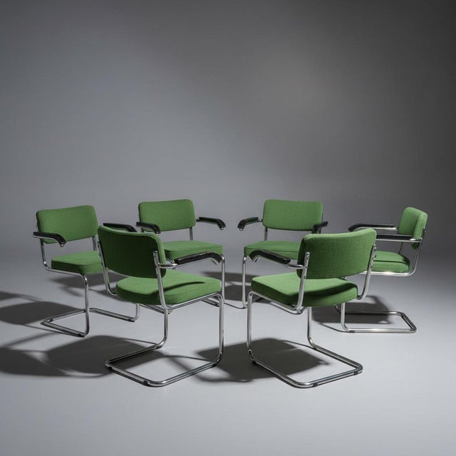 A set of six original and extremely rare S64 sled-base armchairs, dating from the 1950s, designed by Marcel Breuer for...
