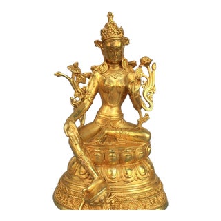 Late 20th Century Gilt Bronze Green Tara Statue, Tibetan Buddhist Figure, 900g For Sale