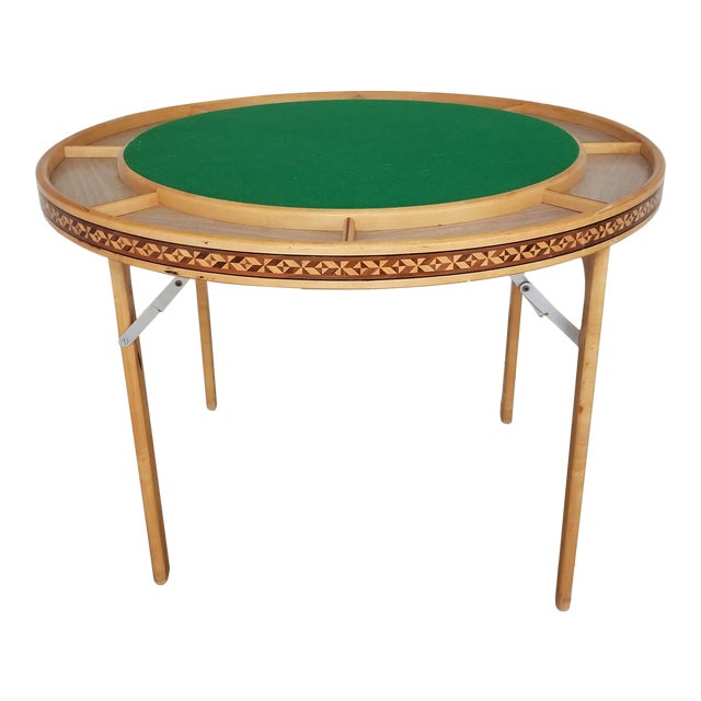 Mid 20th Century Inlaid Handmade Round Folding Poker Game Table Chairish