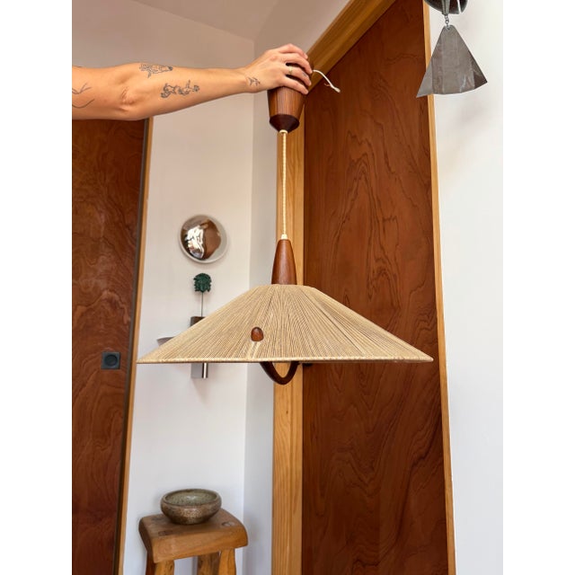 Temde Leuchten 1960s Danish Modern Temde Leuchten Teak & Sisal Cord Pendant Lamp For Sale - Image 4 of 11