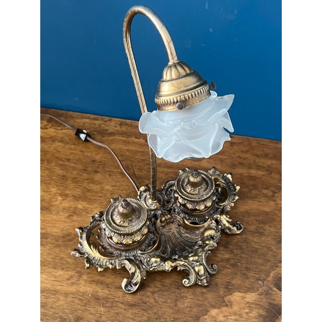 Antique Brass Desk Lamp With Frosted Glass For Sale - Image 17 of 18