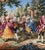 A captivating Aubusson-style tapestry depicting a scene of romantic revelry. This vibrant tapestry portrays a scene of...