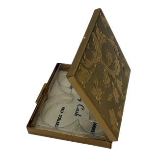 Mid 20th Century Petite Hollywood Regency Embossed Gold-Tone Petty Cash Box With Lucite Coin Organizer For Sale