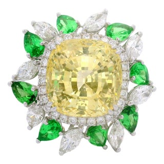 17.73ct Yellow Sapphire Diamond Tsavortite 18k White Gold Ring, Aigs No-Heat, Size 7 For Sale