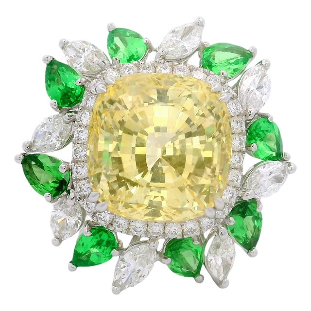 17.73ct Yellow Sapphire Diamond Tsavortite 18k White Gold Ring, Aigs No-Heat, Size 7 For Sale