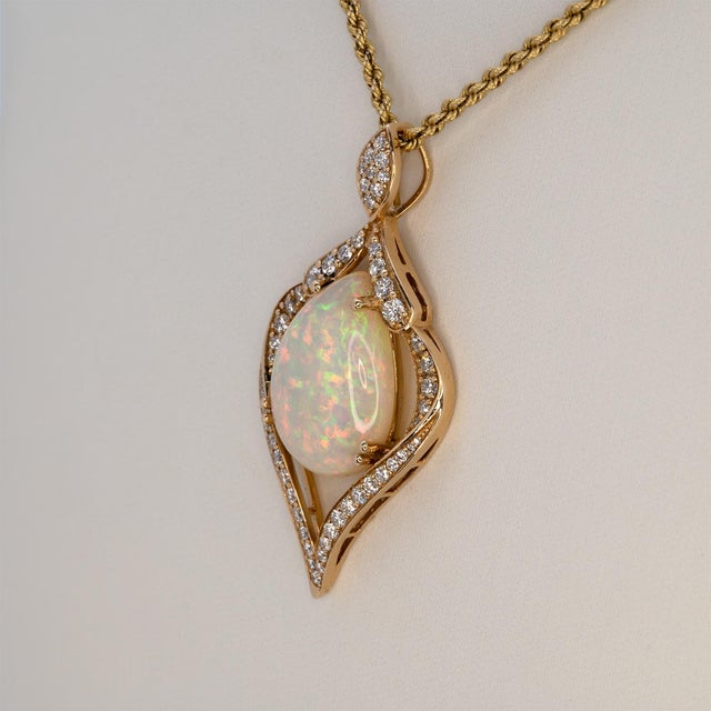 Ethiopian Opal With Natural Diamond Accents: Solid 14k Gold - Pear Cut 18x13mm For Sale In Columbus - Image 6 of 8