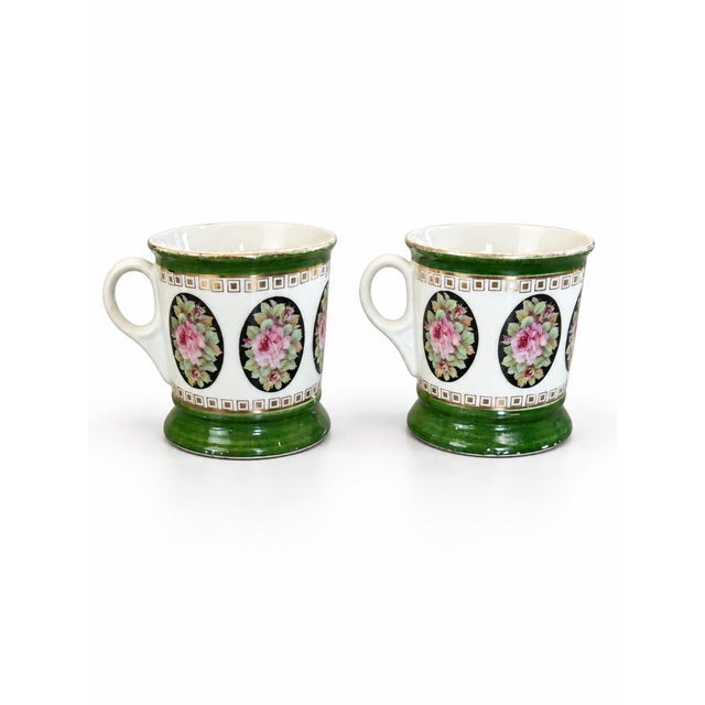 Ceramic Antique German Floral Mugs With Pink Roses and Green Bands — Pair For Sale - Image 7 of 8