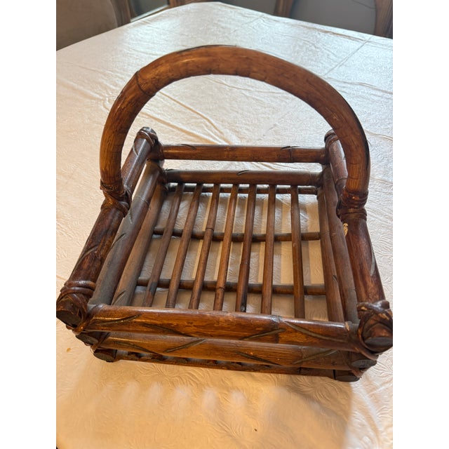 Brown Mid 20th Century Bamboo and Wicker Handled Table Serving Basket For Sale - Image 8 of 9