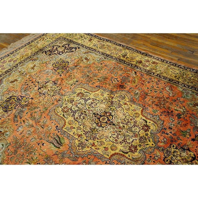 Persian 1940s Classic Salmon Animals Medallion Vintage Tabriz Silk Knotted Room Size Rug For Sale - Image 3 of 9