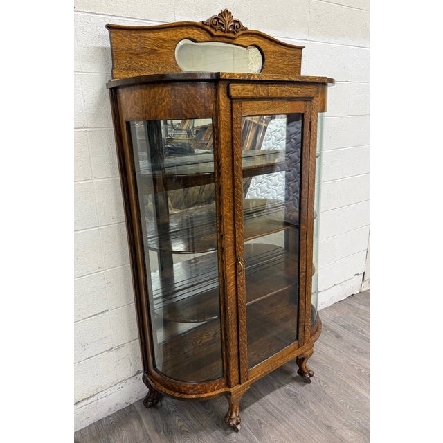 Victorian Antique Victorian Edwardian Quarter Sawn Tiger Oak Curved China Cabinet Curio For Sale - Image 3 of 10