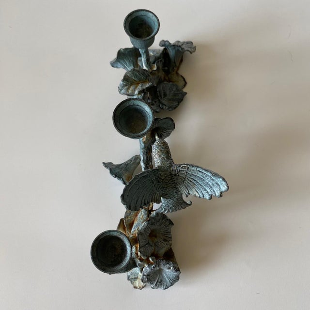 Vintage Spi Triple Candelabra: Pewter, Verde-Patina, Morning Glory Hummingbird For Sale - Image 15 of 18
