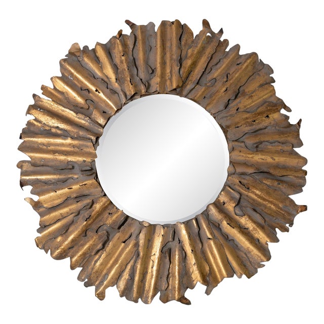 Brutalist Sunburst Mirror, Handcrafted Torch Cut Brass, Spain, 1970s For Sale