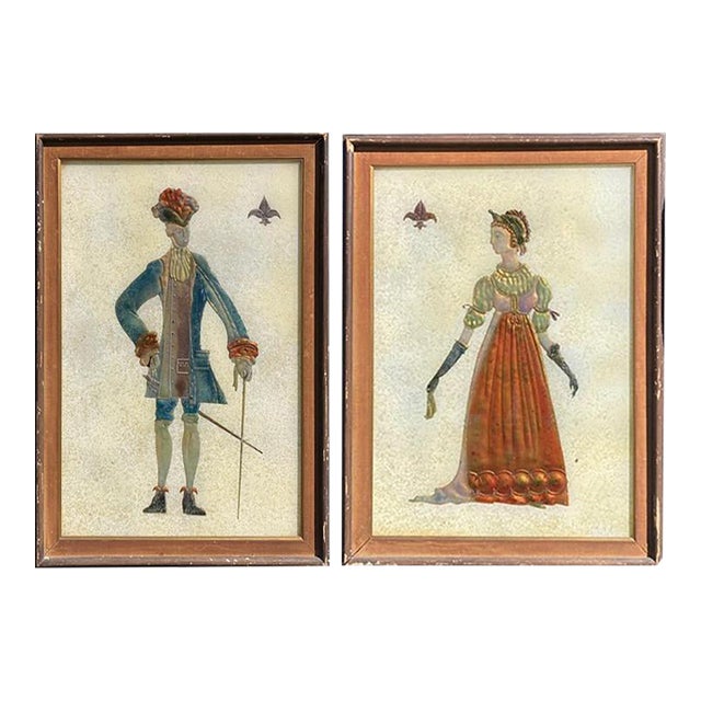 Pair of Italian Mid-Century Modern Reverse Glass Paintings of Royalty For Sale