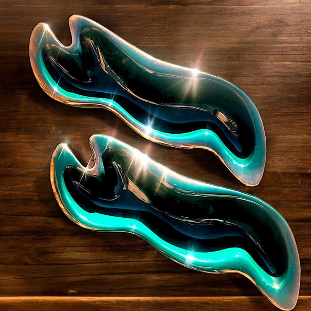 1950s Large BIomorphic Emerald and Parcel Gilt Ceramic Centerpiece Bowls - a Pair For Sale - Image 11 of 12