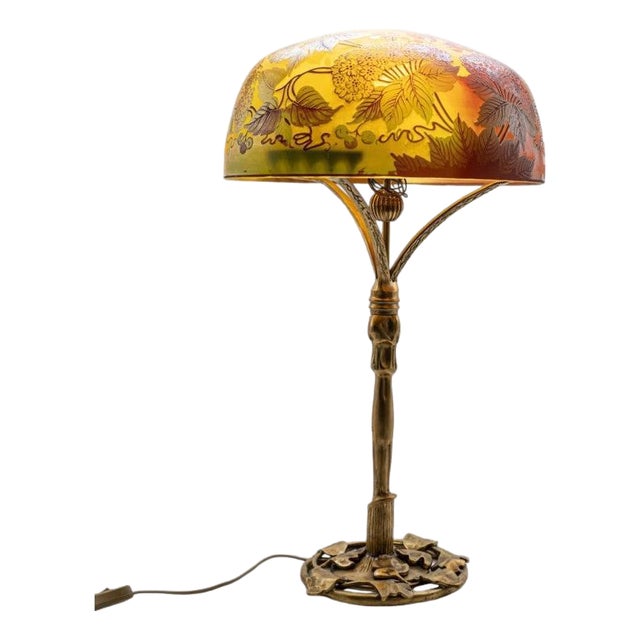 Bronze and Floral Glass Table Lamp from Daum, France, 1900s For Sale