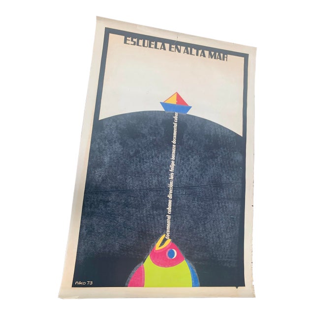 1973 Original Cuban Icaic Silkscreen Poster "Escuela en Alta Mar" by Ñiko For Sale