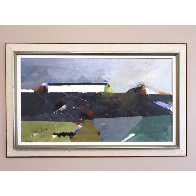 EDGE OF THE LAND Oil on canvas Size: 26.8 x 42.5 inches (including frame) A compelling mid-century abstract landscape that...