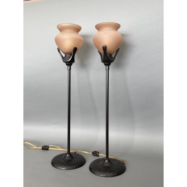 1990s Vintage Torchiere Torch Light Vase Shaped Amber Beaux Arts Mission Style Table Lamps - A Pair For Sale - Image 5 of 16