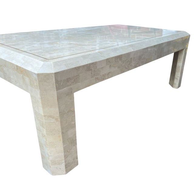 Jean-Michel Frank Vintage Tessellated Travertine Stone and Brass Coffee Table Attributed to Maitland-Smith Karl Springer, 45" X 27" For Sale - Image 4 of 12