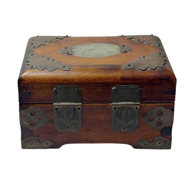 Brown Chinese Rosewood Strongbox With Jade and Brass, Circa 1920s For Sale - Image 8 of 9