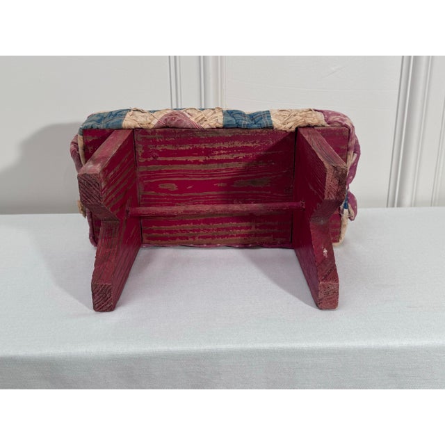 Antique Primitive American Quilted Top Red Painted Solid Wood Low Stool For Sale - Image 9 of 11