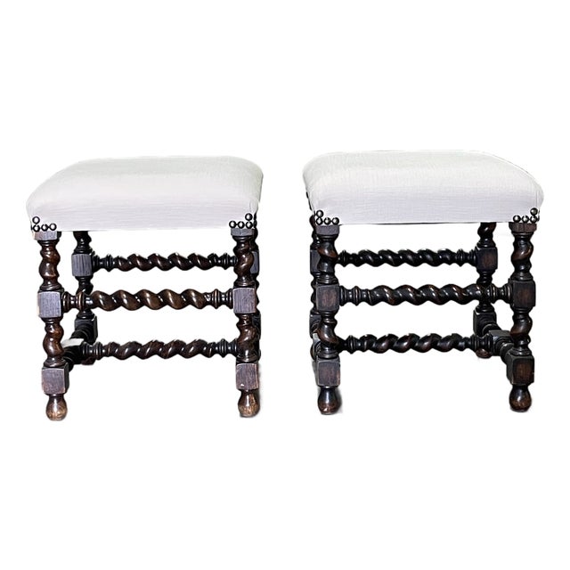 Pair of 19th Century English Oak Upholstered Stools For Sale
