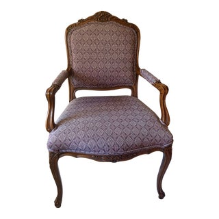 Vintage Louis XV Style Fauteuil Lavender Armchair With Floral Wooden Carvings For Sale