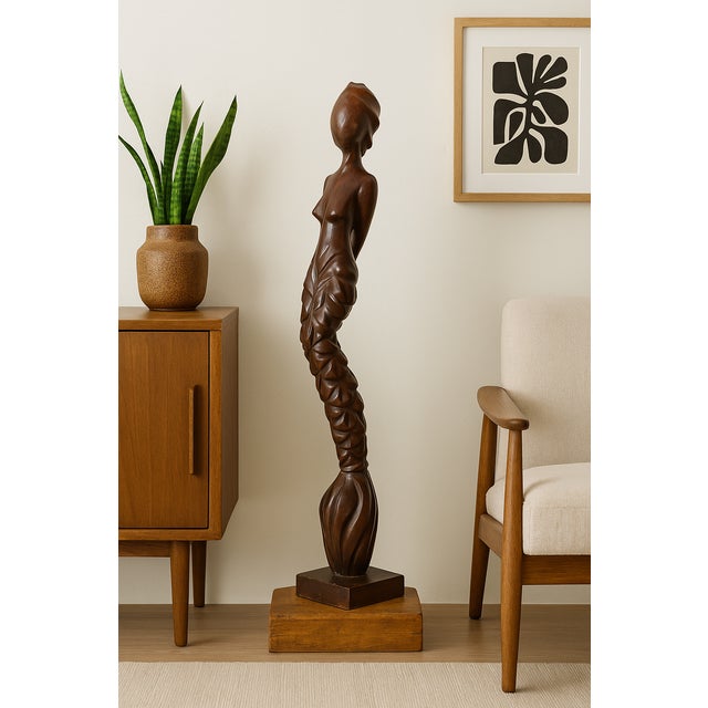 Vintage Modernist Carved Hardwood Female Figure, Southeast Asian Decorative Floor Sculpture, Mid to Late 20th Century For Sale - Image 15 of 15