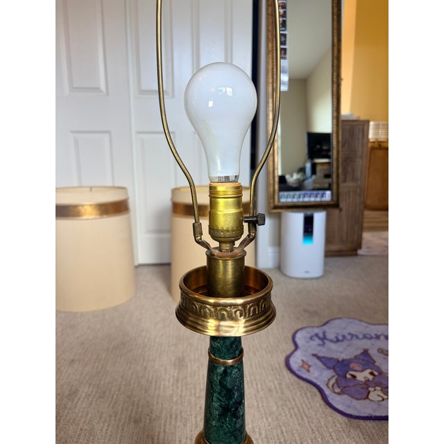 Mid-Century Modern Vintage Mid Century Modern Green Marble and Brass Table Lamp Pair For Sale - Image 3 of 10