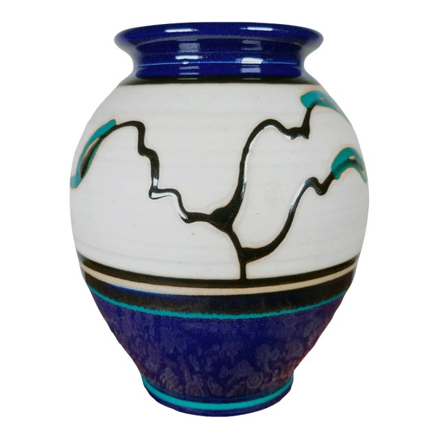 Studio Art Pottery Vase Cobalt Blue Jade Leaf Asian Glazed Unglazed Signed Sg For Sale