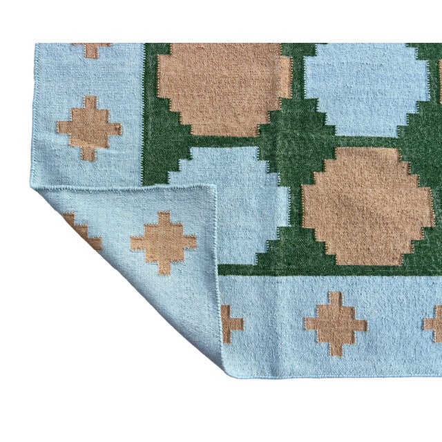 Handmade New Zealand Wool Dhurrie, Sky Blue, Beige and Green Swedish Tile Rug- 7'x7.5' For Sale - Image 12 of 13