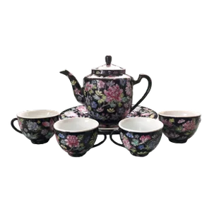 Vintage Chinese Jewel-Tone Floral Motif Export Pottery Tea Set - 7 Pieces