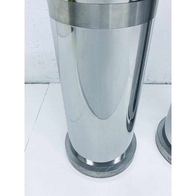 Metal Polished Steel Tall Circular Pedestal Tables With Brushed Steel Banding - a Pair For Sale - Image 7 of 13