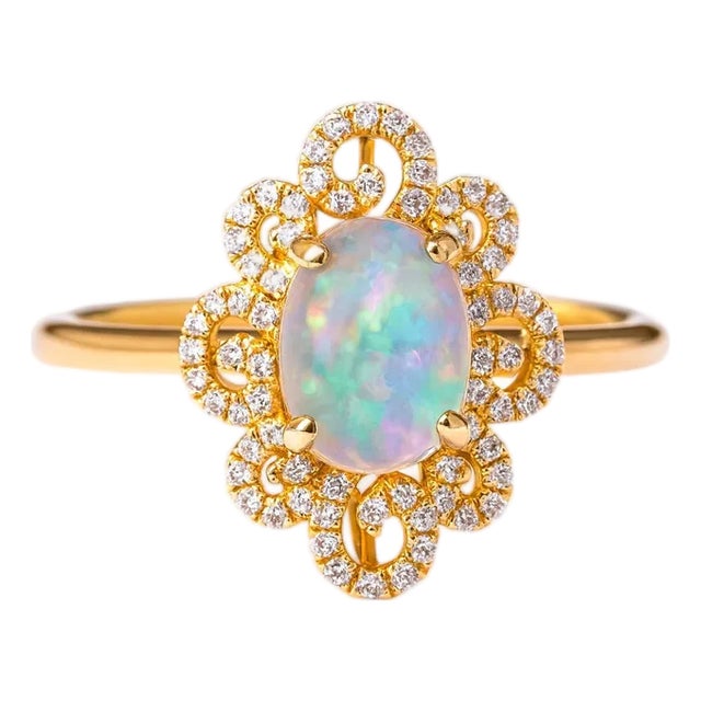 14k Gold Ring With Oval Opal Cabochon, Size 6.75 For Sale