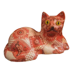 Vintage 1970s Folk Art Paisley Bandanna Quilt Pattern Ceramic Cat Medium Size Figurine